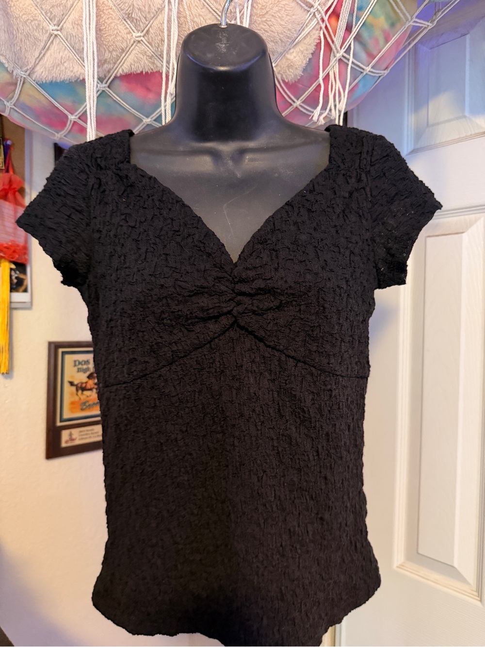 Alfani Black Short-Sleeve Twist-Front Textured Top